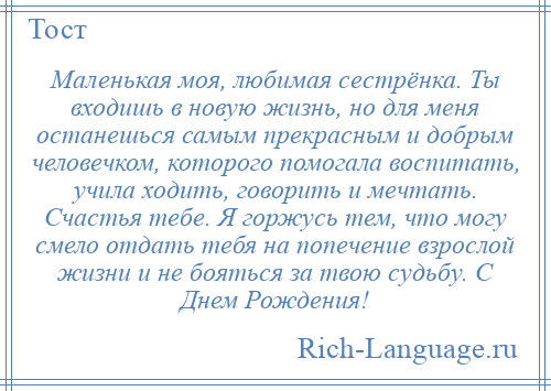 
    Маленькая моя, любимая сестрёнка. Ты входишь в новую жизнь, но для меня останешься самым прекрасным и добрым человечком, которого помогала воспитать, учила ходить, говорить и мечтать. Счастья тебе. Я горжусь тем, что могу смело отдать тебя на попечение взрослой жизни и не бояться за твою судьбу. С Днем Рождения!