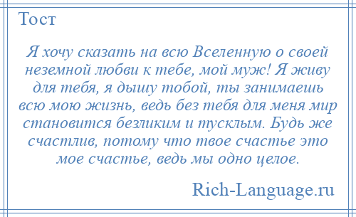 
    Я хочу сказать на всю Вселенную о своей неземной любви к тебе, мой муж! Я живу для тебя, я дышу тобой, ты занимаешь всю мою жизнь, ведь без тебя для меня мир становится безликим и тусклым. Будь же счастлив, потому что твое счастье это мое счастье, ведь мы одно целое.