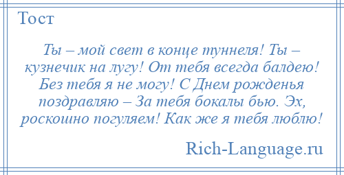 
    Ты – мой свет в конце туннеля! Ты – кузнечик на лугу! От тебя всегда балдею! Без тебя я не могу! С Днем рожденья поздравляю – За тебя бокалы бью. Эх, роскошно погуляем! Как же я тебя люблю!