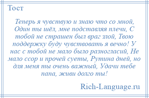 
    Теперь я чувствую и знаю что со мной, Один ты шёл, мне подставляя плечи, С тобой не страшен был враг злой, Твою поддержку буду чувствовать я вечно! У нас с тобой не мало было разногласий, Не мало ссор и прочей суеты, Рутина дней, но для меня ты очень важный, Удачи тебе папа, живи долго ты!