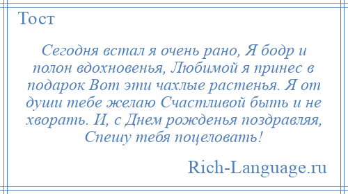 
    Сегодня встал я очень рано, Я бодр и полон вдохновенья, Любимой я принес в подарок Вот эти чахлые растенья. Я от души тебе желаю Счастливой быть и не хворать. И, с Днем рожденья поздравляя, Спешу тебя поцеловать!