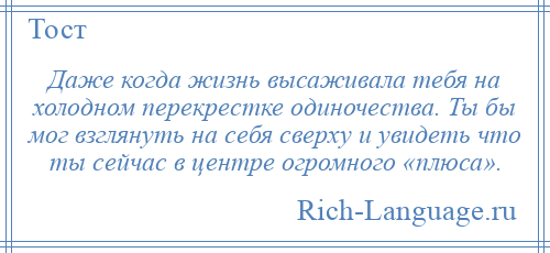 
    Даже когда жизнь высаживала тебя на холодном перекрестке одиночества. Ты бы мог взглянуть на себя сверху и увидеть что ты сейчас в центре огромного «плюса».