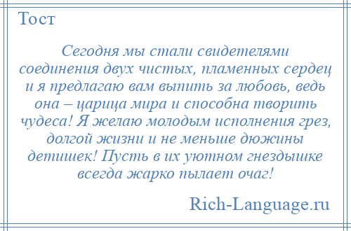 
    Сегодня мы стали свидетелями соединения двух чистых, пламенных сердец и я предлагаю вам выпить за любовь, ведь она – царица мира и способна творить чудеса! Я желаю молодым исполнения грез, долгой жизни и не меньше дюжины детишек! Пусть в их уютном гнездышке всегда жарко пылает очаг!
