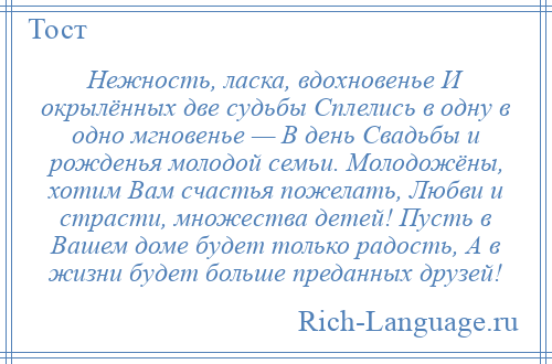 
    Нежность, ласка, вдохновенье И окрылённых две судьбы Сплелись в одну в одно мгновенье — В день Свадьбы и рожденья молодой семьи. Молодожёны, хотим Вам счастья пожелать, Любви и страсти, множества детей! Пусть в Вашем доме будет только радость, А в жизни будет больше преданных друзей!