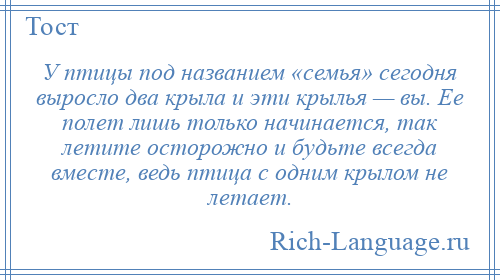 
    У птицы под названием «семья» сегодня выросло два крыла и эти крылья — вы. Ее полет лишь только начинается, так летите осторожно и будьте всегда вместе, ведь птица с одним крылом не летает.