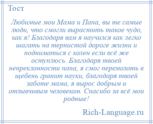 
    Любимые мои Мама и Папа, вы те самые люди, что смогли вырастить такое чудо, как я! Благодаря вам я научился как легко шагать на тернистой дороге жизни и подниматься с колен если всё же оступлюсь. Благодаря твоей непреклонности папа, я смог перемолоть в щебень гранит науки, благодаря твоей заботе мама, я вырос добрым и отзывчивым человеком. Спасибо за всё мои родные!