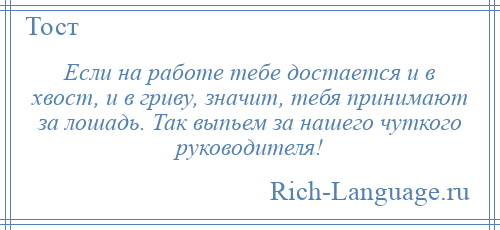 
    Если на работе тебе достается и в хвост, и в гриву, значит, тебя принимают за лошадь. Так выпьем за нашего чуткого руководителя!
