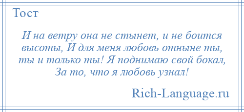 
    И на ветру она не стынет, и не боится высоты, И для меня любовь отныне ты, ты и только ты! Я поднимаю свой бокал, За то, что я любовь узнал!