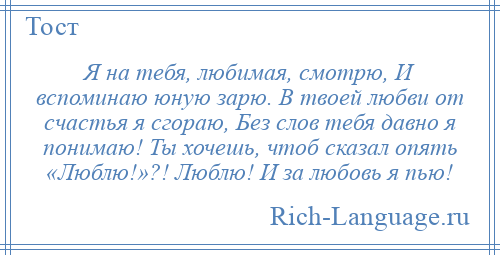 
    Я на тебя, любимая, смотрю, И вспоминаю юную зарю. В твоей любви от счастья я сгораю, Без слов тебя давно я понимаю! Ты хочешь, чтоб сказал опять «Люблю!»?! Люблю! И за любовь я пью!