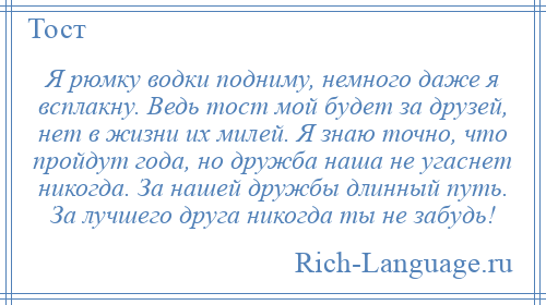 
    Я рюмку водки подниму, немного даже я всплакну. Ведь тост мой будет за друзей, нет в жизни их милей. Я знаю точно, что пройдут года, но дружба наша не угаснет никогда. За нашей дружбы длинный путь. За лучшего друга никогда ты не забудь!