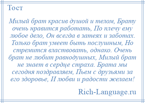 
    Милый брат красив душой и телом, Брату очень нравится работать, По плечу ему любое дело, Он всегда в затеях и заботах. Только брат умеет быть послушным, Но стремится властвовать, однако. Очень брат не любит равнодушных, Милый брат не знает в сердце страха. Брата мы сегодня поздравляем, Пьем с друзьями за его здоровье, И любви и радости желаем!